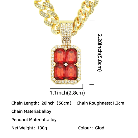 Hip Hop Gold Plated Panzerkette Halskette Mit Rechteckigem Rotem Strass Anhänger Punk Schmuck Für Herren Damen