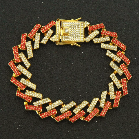 Hip Hop Men Cuban Link Bracelet Full Rhinestone Inlaid Alloy Chain Jewelry Colorful Geometric Pave Bracelet For Party