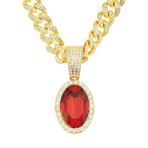 Collana con Ciondolo a Rubino Ovale Hip Hop da Uomo Catena a Maglia Cubana Placcata in Oro e Argento Gioielli Streetwear con Strass