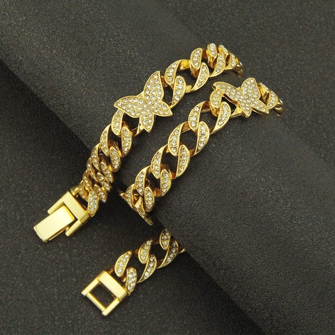 Collana a Maglia Cubana con Farfalla Hip Hop Iced Out in Lega con Strass Pavé Girocollo con Ciondolo a Farfalla per Donna Gioielli Streetwear