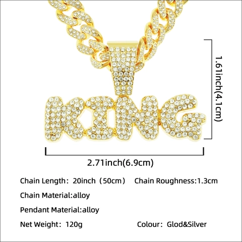 Herren Hip Hop Iced Out King Buchstabe Anhänger Halskette Legierung Strass Panzerkette Gold Silber Überzogen Streetwear Schmuck