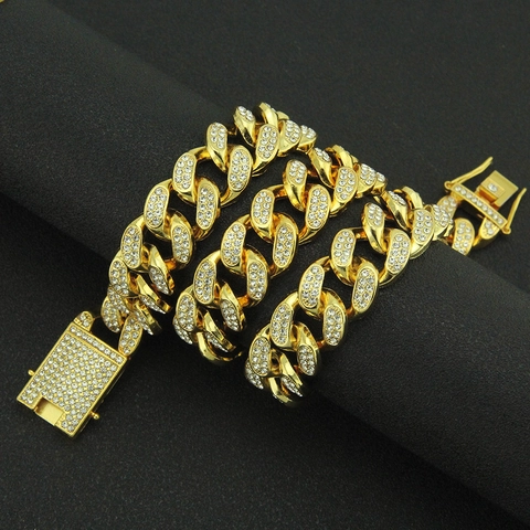 Collana a Catena Hip Hop Iced Out con Strass Completi Maglia Cubana da Uomo in Lega Placcata Oro Argento Gioielli Street Fashion