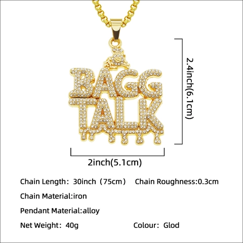Men's Hip Hop BAGG TALK Letter Pendant Necklace Iced Out Rhinestone Alloy Drip Design Gold Plated Streetwear Jewelry