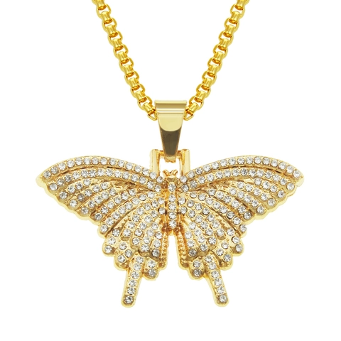 Collar con Colgante de Mariposa Hip Hop para Hombre con Diamantes de Imitación Aleación Hierro Cadena de Caja Joyería Street Dance Oro Plata