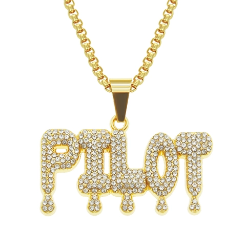 Collar de Colgante de Letra Hip Hop para Hombre Iced Out Aleación Chapada en Oro Drip Font PILOT Strass Joyería Streetwear
