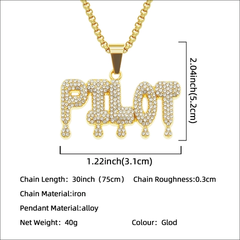 Hip Hop Vereiste PILOT Buchstabe Anhänger Halskette Legierung Strass Gold Galvanisierte Boxkette Streetwear Schmuck Herren