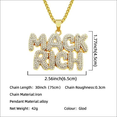 Collar con Colgante de Letra MACK RICH Iced Out Hip Hop Hombre Aleación Pavé de Diamantes de Imitación Joyas Cadena Box Dorado