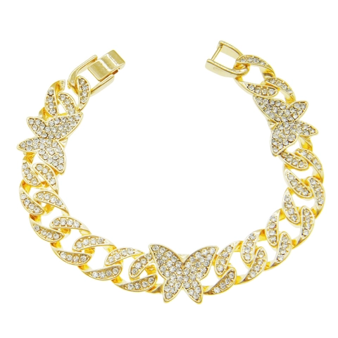 Hip Hop Iced Out Butterfly Cuban Link Bracelet For Women Men Alloy Rhinestone Personalized Butterfly Charm Bracelet Jewelry Gift