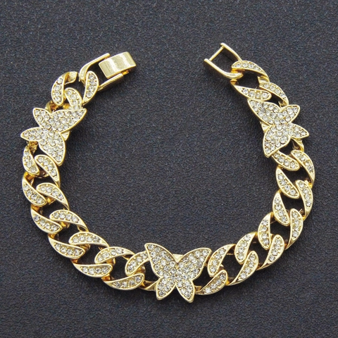 Hip Hop Butterfly Cuban Link Bracelet For Women Men Iced Out Rhinestone Alloy Bracelet Fashion Jewelry Gift