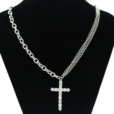 Hip Hop Cross Pendant Necklace Copper Zirconia Stainless Steel Chain Asymmetric Splicing Punk Trendy Men Jewelry