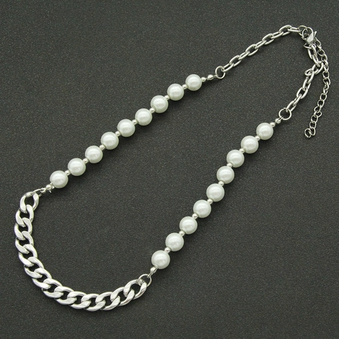 Minimalist Hip Hop Artificial Pearl Spliced Cuban Chain Necklace For Men Women Alloy Silver Plated Streetwear Jewelry Gift