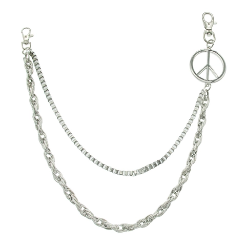 Men Punk Street Double Layer Rope Box Chain Pant Chain Silver Peace Sign Pendant Alloy Iron Denim Waist Chain Jewelry