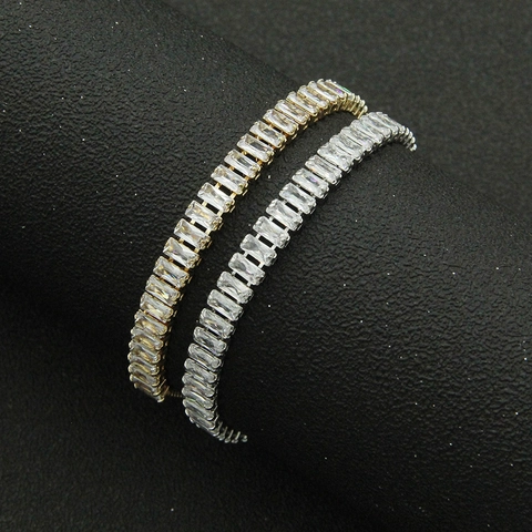 Bracciale Tennis in Rame Alla Moda Con Zirconia a Taglio Baguette Per Donna Chiusura a Scorrimento Regolabile Oro Argento Strass