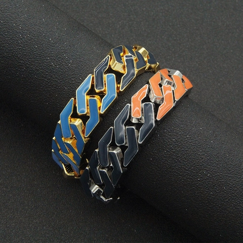 Pulsera de Hombre Hip Hop Eslabón Cubano Ancha Aleación Esmalte Colorido Diamante de Imitación Punk Joyería