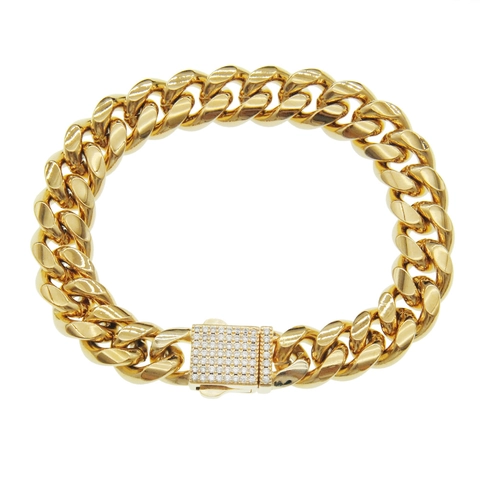 Bracciale a Maglia Cubana da Uomo in Acciaio Inossidabile Hip Hop Con Chiusura in Zirconia Oro Bracciale a Catena Biker Gioielli