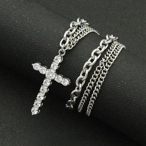 Hip Hop Cross Pendant Necklace Copper Zirconia Stainless Steel Chain Asymmetric Splicing Punk Trendy Men Jewelry