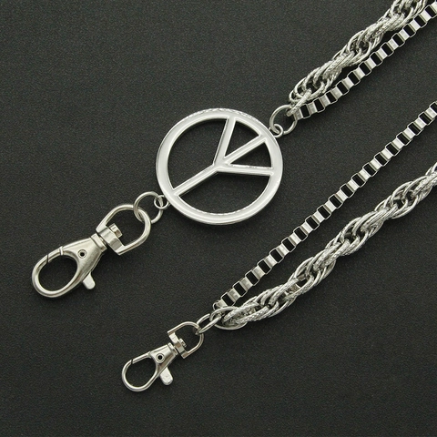 Men Punk Street Double Layer Rope Box Chain Pant Chain Silver Peace Sign Pendant Alloy Iron Denim Waist Chain Jewelry