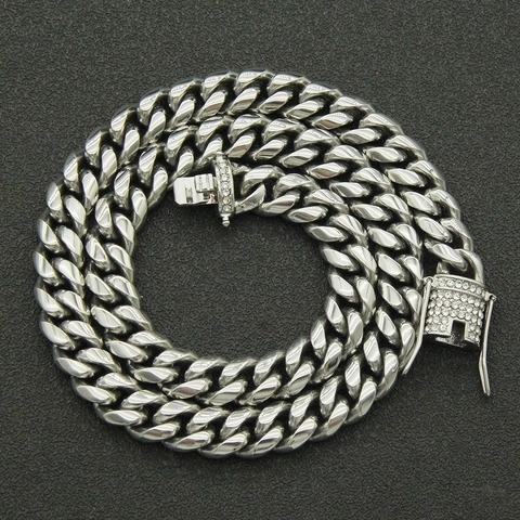 Collar de Cadena Cubana de Acero Inoxidable Hip Hop para Hombre Con Cierre de Caja de Strass Joyería de Moda Plateada