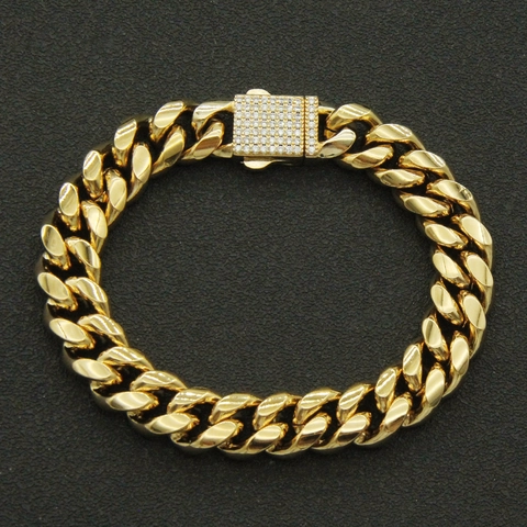 Bracciale Hip Hop Uomo Acciaio Inossidabile Oro Maglia Cubana Con Chiusura a Scatola Zirconia Gioielli Moda Streetwear
