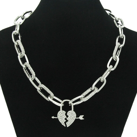 Collier Pendentif Cœur Brisé et Flèche en Alliage d'Argent Strass Punk Chaîne Cubaine à la Mode pour Femme Bijoux Cadeau