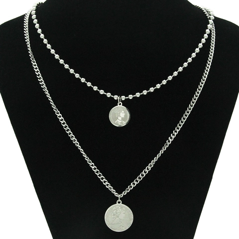 Collana Vintage Doppio Strato Con Pendente a Moneta Per Donna Acciaio Al Titanio Ferro Argento Catena Curb Streetwear Gioielli