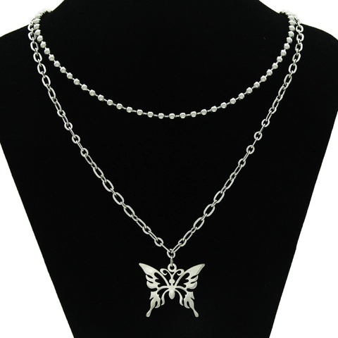 Hip Hop Stainless Steel Double Layer Butterfly Pendant Necklace Trendy Women Unisex Silver Bead Chain Clavicle Necklace