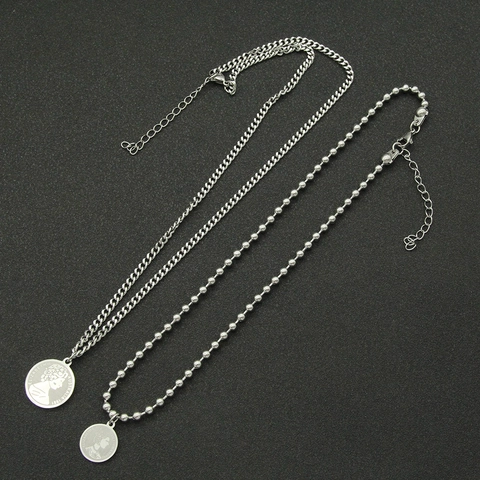 Collana Vintage Doppio Strato Con Pendente a Moneta Per Donna Acciaio Al Titanio Ferro Argento Catena Curb Streetwear Gioielli