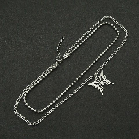 Hip Hop Stainless Steel Double Layer Butterfly Pendant Necklace Trendy Women Unisex Silver Bead Chain Clavicle Necklace