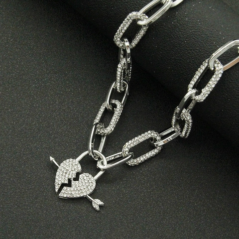 Collier Pendentif Cœur Brisé et Flèche en Alliage d'Argent Strass Punk Chaîne Cubaine à la Mode pour Femme Bijoux Cadeau