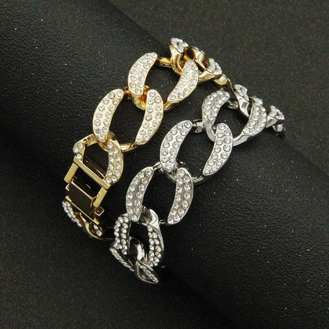 Pulsera de Eslabones Cubanos de Aleación Hip Hop Con Diamantes de Imitación para Hombres Mujeres Pulsera de Cadena Iced Out Joyería