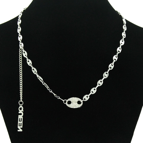 Silver Color Alloy Iron Coffee Bean Chain Necklace Rhinestone Pig Nose Buckle Queen Letter Pendant Fashion Jewelry