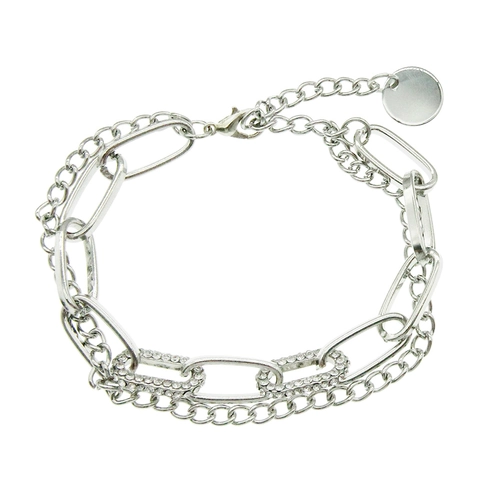 INS Style Unisex Silver Double Layer Oval Cuban Chain Bracelet With Rhinestone Inlaid Adjustable Hip Hop Fashion Jewelry