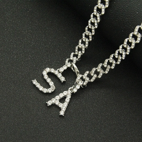Collana Con Pendente Lettera A S in Strass Iced Out per Donna Uomo Lega Argento Catena Cubana Gioielli Moda Hip Hop