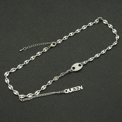 Silver Color Alloy Iron Coffee Bean Chain Necklace Rhinestone Pig Nose Buckle Queen Letter Pendant Fashion Jewelry
