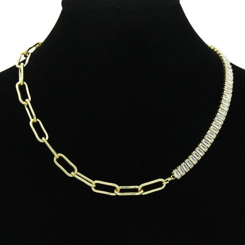 Dames Goud Verguld Koperen Halsketting Baguette Zirconia Ingelegd Paperclip Ketting Splice Ontwerp Schakelsluiting Sieraden