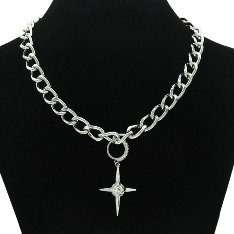Mode Silber Legierung Stern Anhänger Halskette Für Damen Cuban Link Kette Choker Mit Strass Eingelegt Gothic Punk Schmuck