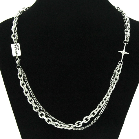 Stainless Steel Double Layer Cross Pendant Necklace Silver Rhinestone Star Letter Tag Hip Hop Punk Necklaces For Men Women
