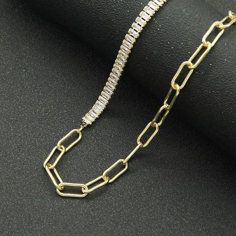 Dames Goud Verguld Koperen Halsketting Baguette Zirconia Ingelegd Paperclip Ketting Splice Ontwerp Schakelsluiting Sieraden