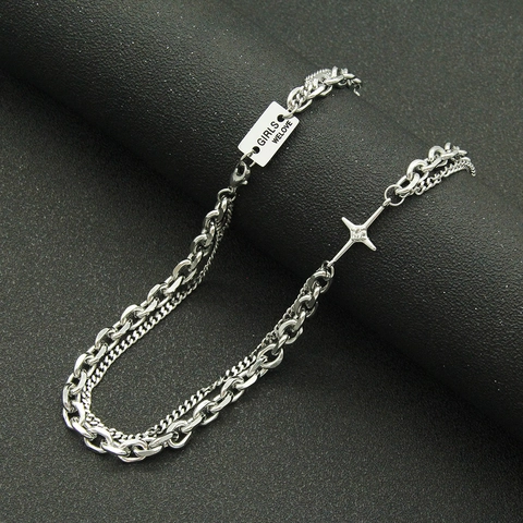 Stainless Steel Double Layer Cross Pendant Necklace Silver Rhinestone Star Letter Tag Hip Hop Punk Necklaces For Men Women