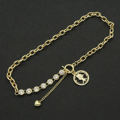 Hip Hop Vergoldete Legierung Panzerkette Halskette Für Damen Retro Minimalistisch Strass Münzporträt Herz Anhänger Knebelverschluss Schmuck