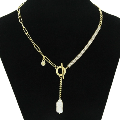 Collar de Aleación Asimétrico Oro Cadena de Clip Circonia Colgante de Perla Artificial Barroca Cierre de Palanca