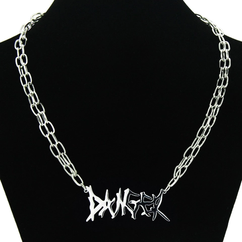 Punk Titanium Steel DANGER Letter Pendant Necklace Hip Hop Streetwear Silver Metal Cuban Chain Necklace For Men Women