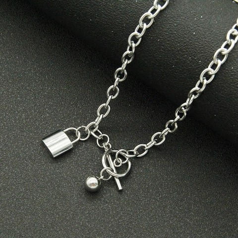 Titanium Steel Lock Pendant Necklace Harajuku Punk OT Buckle Link Chain Silver Color Hip Hop Street Style Jewelry For Unisex
