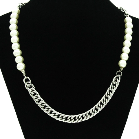 Titaniumstaal Splicing Halsketting Kunstparel Cubaanse Schakelketting Street Hip Hop Stijl Zilveren Halsketting Voor Unisex