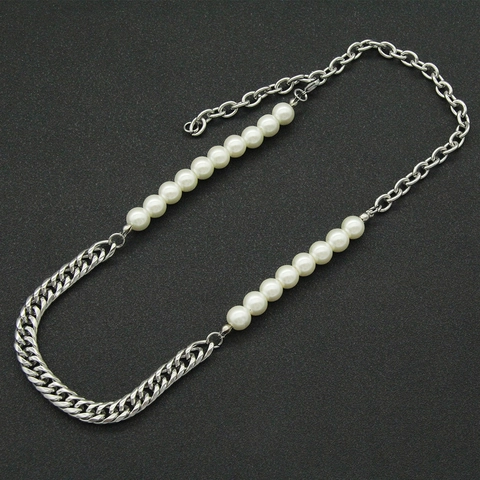Titaniumstaal Splicing Halsketting Kunstparel Cubaanse Schakelketting Street Hip Hop Stijl Zilveren Halsketting Voor Unisex