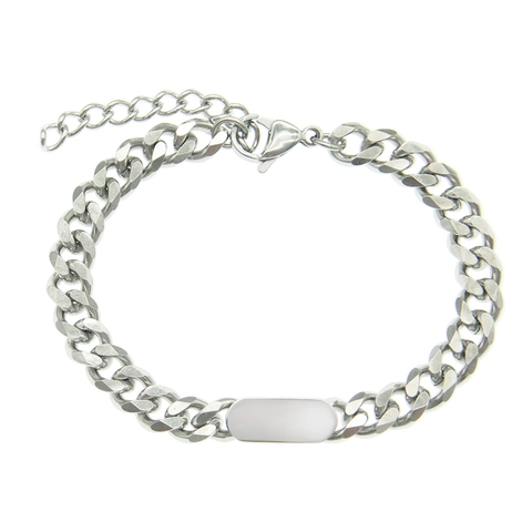 Bracciale a Maglia Cubana in Acciaio al Titanio Minimalista Con Piastrina ID Vuota per Uomo Donna Hip Hop Gioielli Argento
