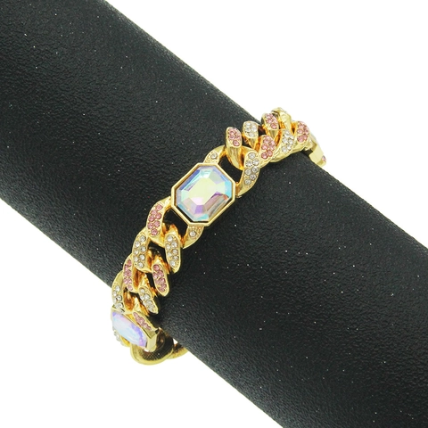 Pulsera de Eslabón Cubano de Aleación de Diamantes de Imitación Hiphop para Hombres Mujeres Piedra de Color Rectángulo