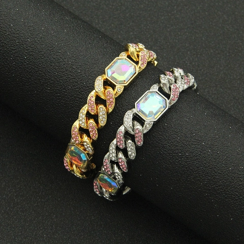 Pulsera De Eslabones Cubanos De Lujo Aleación Brillantes Rosas Y Blancos Cadena De Mano Hip Hop Estilo Callejero Joyería Para Hombres Mujeres
