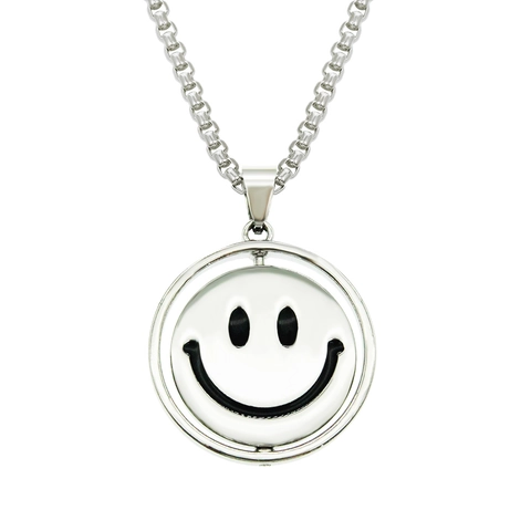 Collar Unisex de Hip Hop Con Colgante de Cara Sonriente Giratorio de Doble Cara Aleación Plateada Joyería Street Style