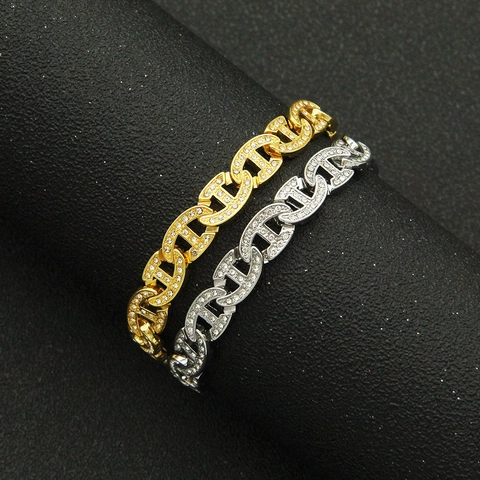 Bracciale Hiphop Iced Out in Lega con Strass Maglia Cubana per Uomo Streetwear Cool Catena ad Ancora Gioielli Polso